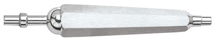 The Surgical Handle SH for 1/4" Surgical Tubing by Quality Aspirators is a brushed stainless steel, hexagonal tool with smooth ends, designed for connecting or adjusting 1/4" surgical tubing.