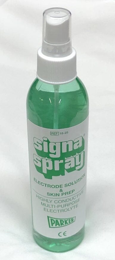 A 250ml spray bottle of Xemax Signaspray Electrode Solution, featuring green liquid and a white nozzle, is placed on a white surface.