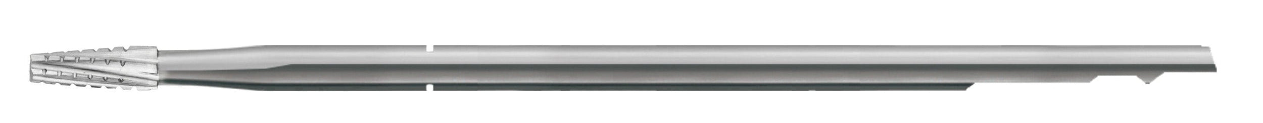 The SS White HP Flat-End Cross-Cut Tapered Fissure Carbide Burs (701, 702, 703), sterile and packaged in 10s, are metallic cutting tools commonly used for bone removal in milling operations; shown isolated on a white background.