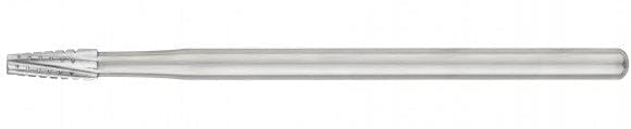 The SS White HP Flat-End Cross-Cut Long Tapered Fissure Carbide Burs (702L, 703L, Pkg/10) are sterile burs with a cylindrical shank and tapered end, ideal for precise surgical drilling of various hole sizes.