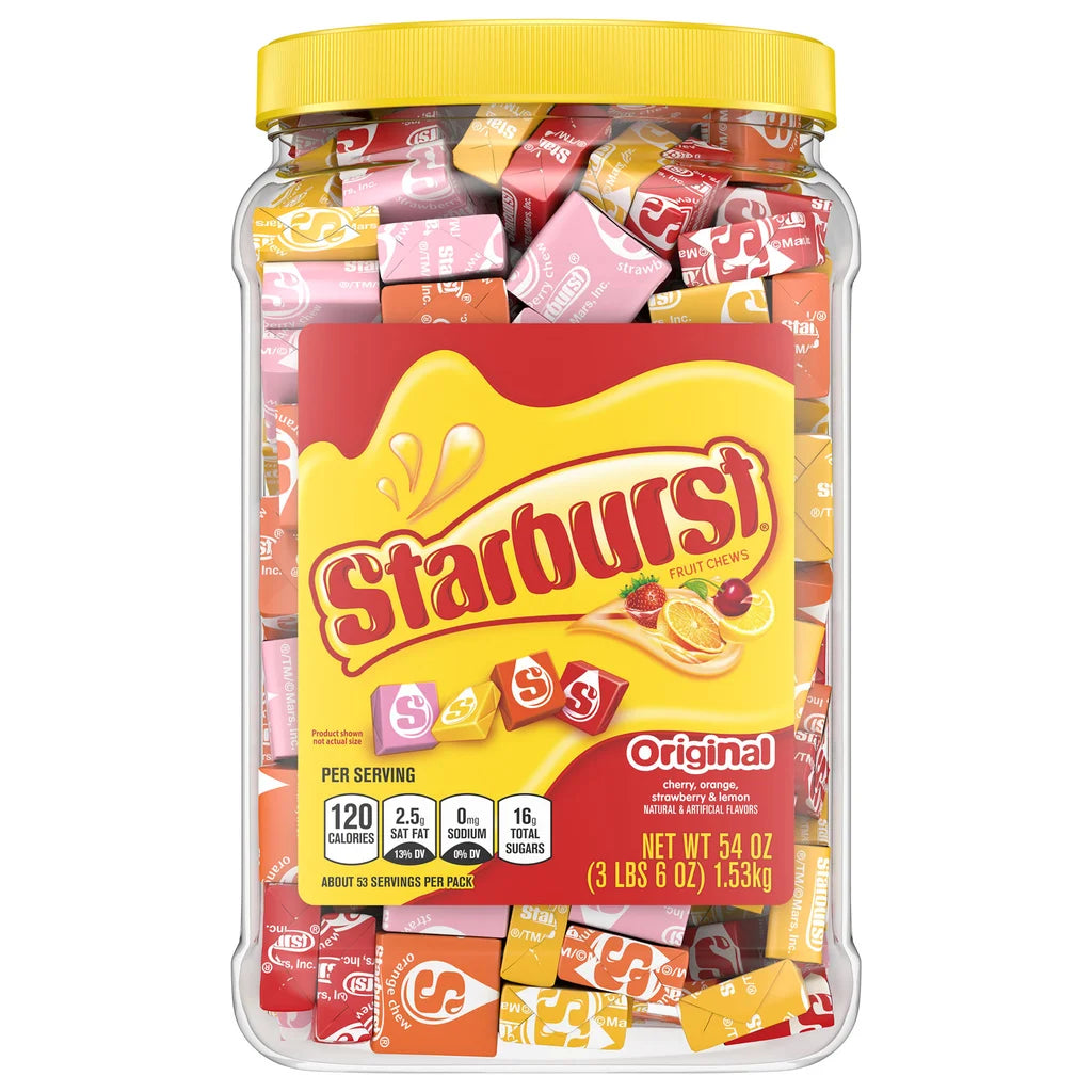 A clear plastic jar with a yellow lid contains Treat the Team — Candy Selection by Xemax Surgical Products, featuring assorted wrapped Starburst fruit chews (net wt. 54 oz/1.53 kg)—the perfect complimentary treat for your Xemax order.