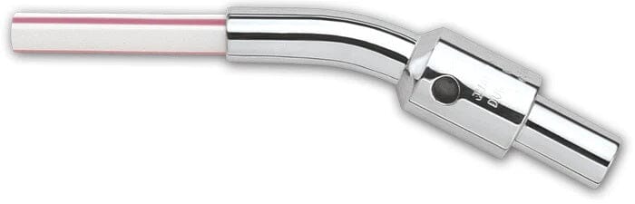 The Straw Tip Holder - Stainless Steel by Quality Aspirators is a curved metal dental tube with an HVE cut-off valve, designed for effective saliva suction during dental procedures.