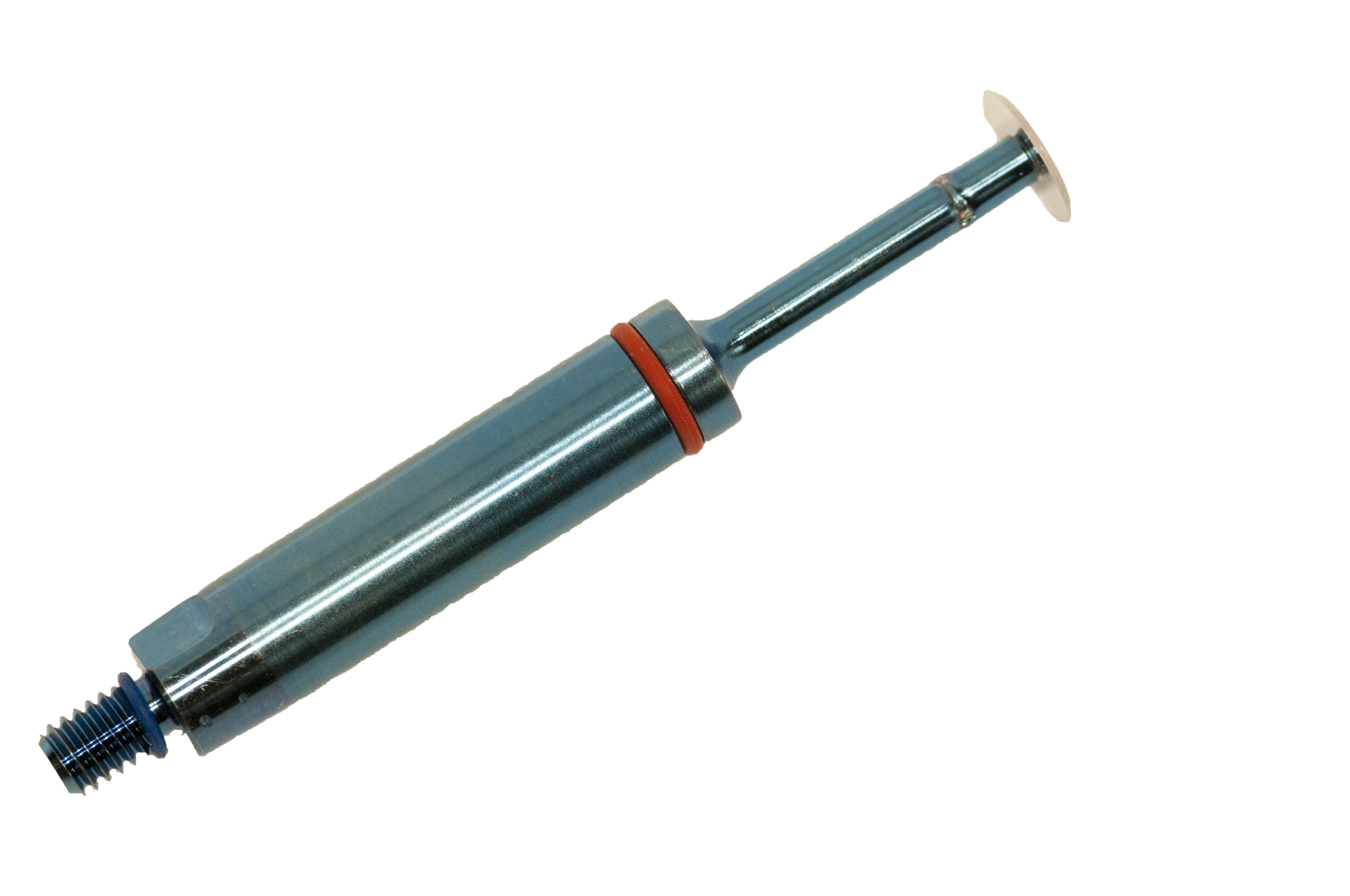 A close-up of a metal damper rod with a blue threaded end, red rubber ring, and white disc, isolated on white—showcasing precision like the McBio Straight Replacement Blade for STS Bone Collector (no Tank).