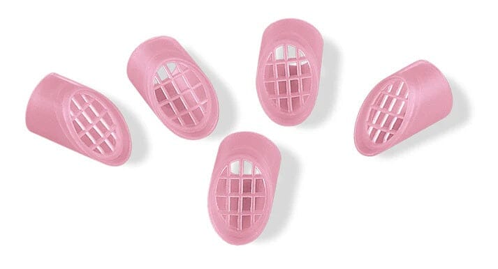 Five STS Disposable Soft-Tip Plastic Screens by Quality Aspirators, in pink with textured grids, are displayed on a white background. These fingertip covers aid in tasks like counting money or sorting paper.