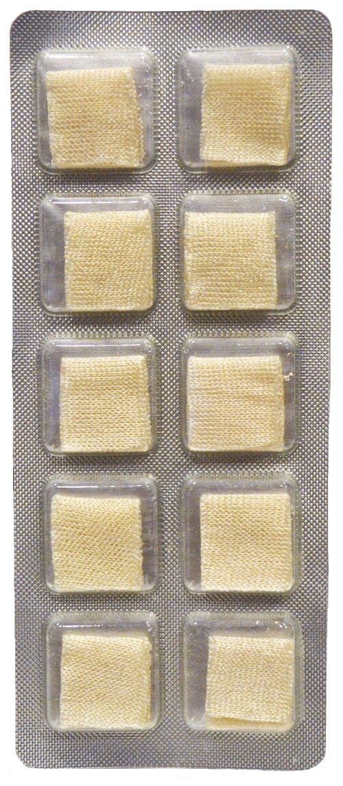 A blister pack contains ten square, beige Surgi-Stop™ Soluble Hemostatic Dental Gauze Dressings by Sabra, made with regenerated cellulose for bleeding control and arranged in two columns of five.