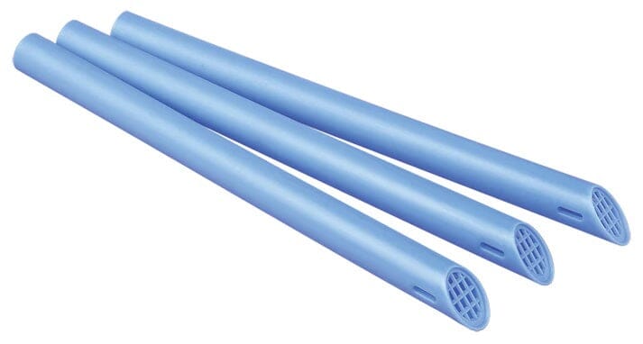 Three Screen-Vac Disposable Aspirators by Quality Aspirators, each blue and single-use with slanted, grated ends, are arranged parallel on a white background.