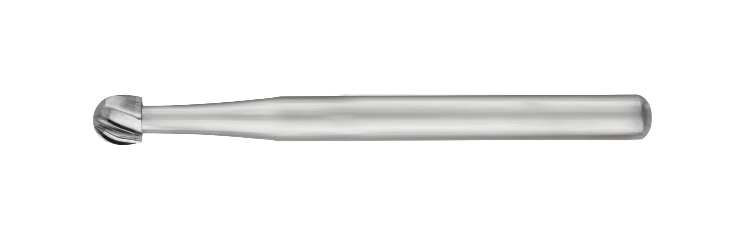 The SS White FG/RA Round-Head Carbide Burs (Surgical Length, Non-Sterile, #2/#4/#6/#8, Pkg/5) features a cylindrical shank and rounded cutting tip, similar to metal ball nose end mills; shown on a white background.