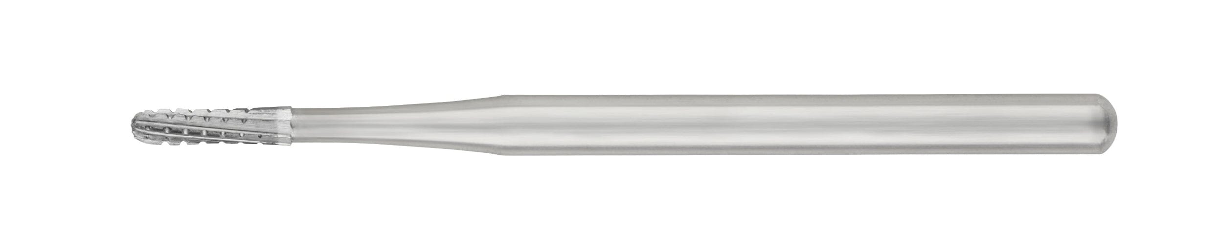 A close-up of an SS White FG/RA Round-End Cross-Cut Straight Fissure Carbide Bur, surgical length and sterile (1557/1558, Pkg/5), used for shaping hard materials.