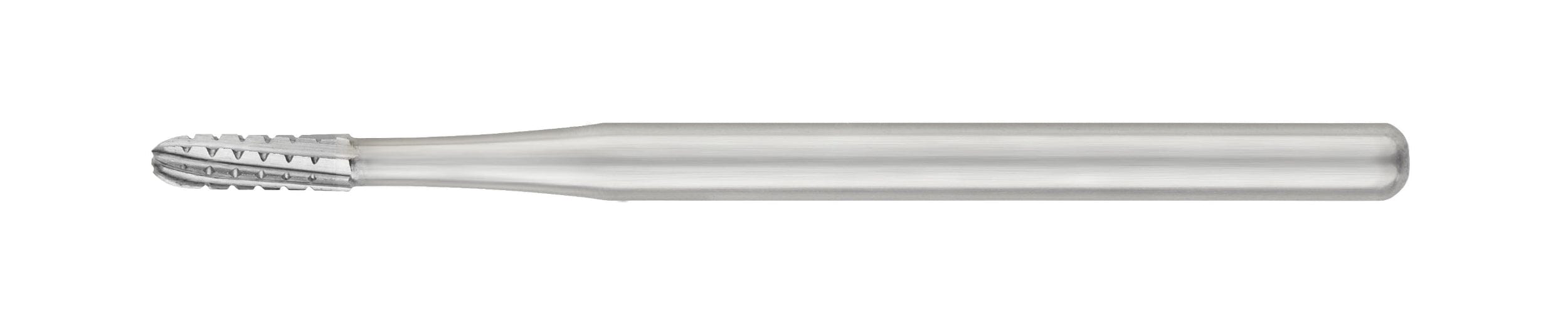The SS White FG/RA Round-End Cross-Cut Straight Fissure Carbide Burs (Surgical Length, Sterile, 1557/1558, Pkg/5) are depicted against a white background.