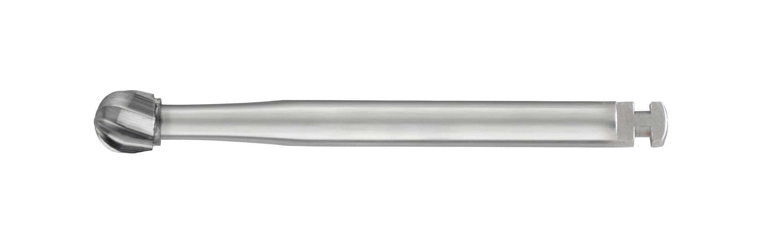 The SS White FG/RA Round-Head Carbide Burs, surgical length and non-sterile (#2, #4, #6, #8), are shown against a white background with smooth cylindrical bodies and rounded heads. Sold in packs of 5.