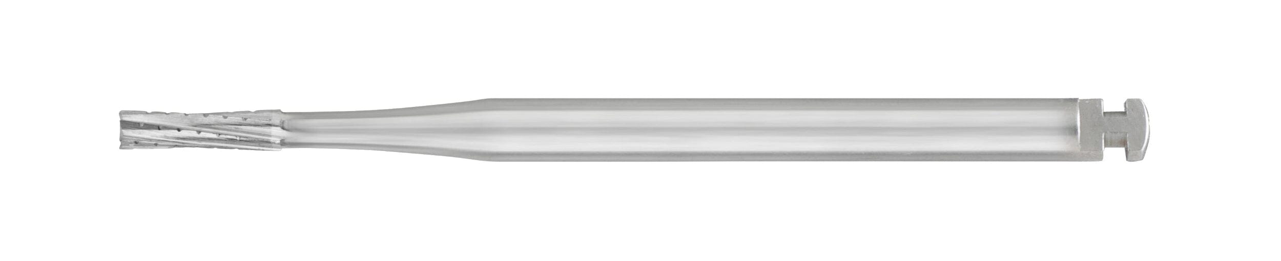 The SS White FG/RA Flat-End Cross-Cut Straight Fissure Carbide Bur (Surgical Length, Non-Sterile, 557/558, Pkg/5) is shown horizontally on a white background, highlighting its silver cylindrical shape and smooth shank.