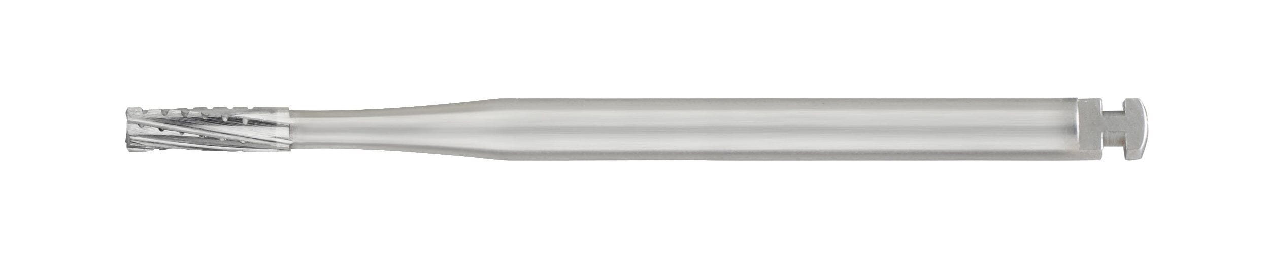 The SS White FG/RA Flat-End Cross-Cut Straight Fissure Carbide Bur, Surgical Length, Non-Sterile (557/558, Pkg/5), features a cylindrical shank and helical flutes for precise milling; shown on a plain white background.