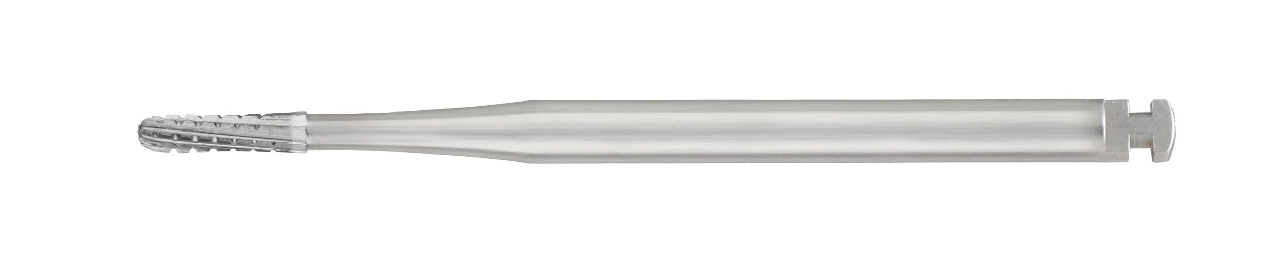 A close-up of an SS White FG/RA Round-End Cross-Cut Straight Fissure Carbide Bur, surgical length and sterile, with a cylindrical shank and rounded cutting head. The 1557/1558 burs appear clean and unused, perfect for precise dental work (Pkg/5).