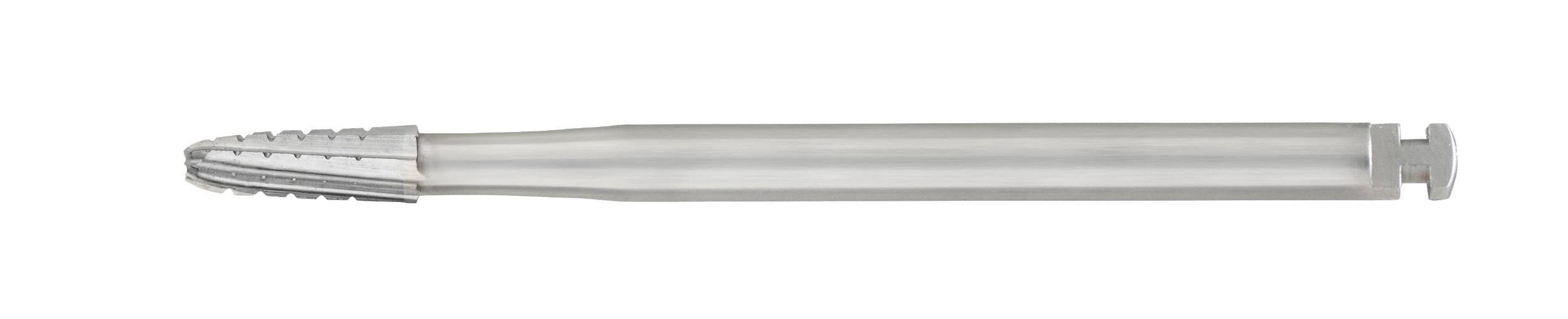 The SS White FG/RA Round-End Cross-Cut Tapered Fissure Carbide Bur, in surgical length and non-sterile (1702/1703), is a silver cylindrical tool with a ridged tip and notched end, shown against a white background. Pack of 5.