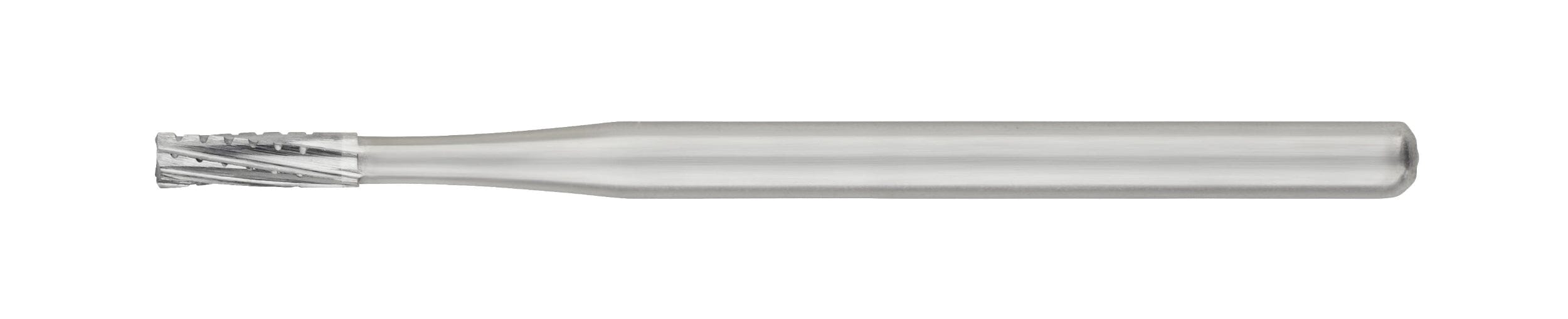 The SS White HP Flat-End Cross-Cut Straight Fissure Carbide Bur 560 is a sterile, silver-toned cylindrical bur with spiral flutes, compatible with surgical straight handpieces and shown isolated on a white background.