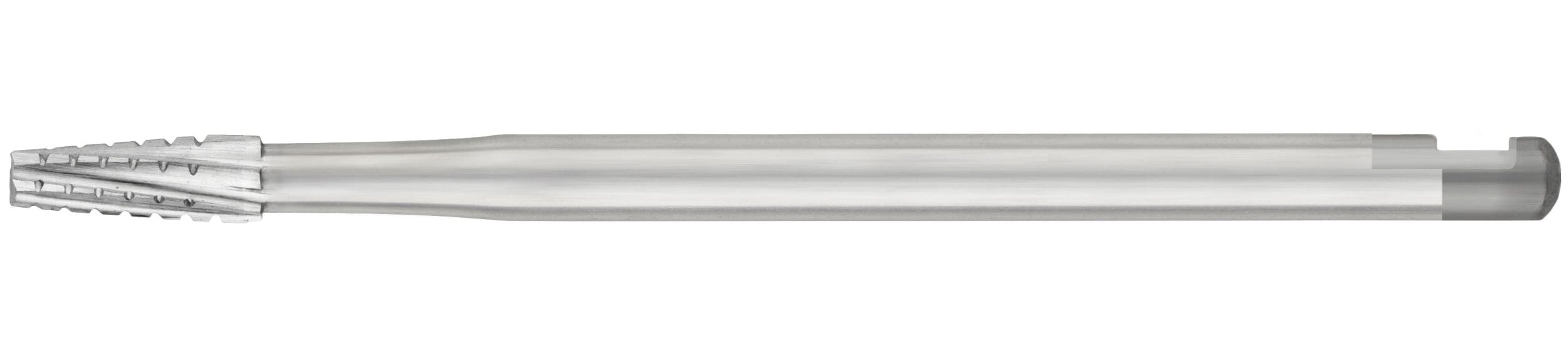 The SS White HP Flat-End Cross-Cut Tapered Fissure Carbide Bur (703), a sterile silver cylindrical bur with a pointed grooved tip and smooth shaft, ideal for bone removal, is shown against a white background.