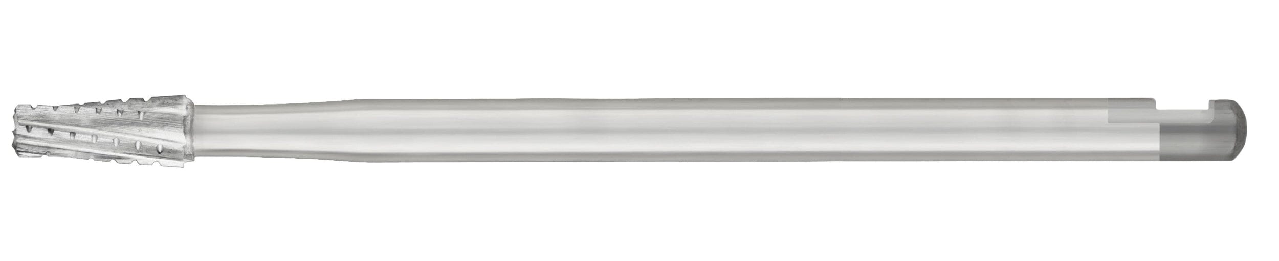 The SS White HP Flat-End Cross-Cut Long Tapered Fissure Carbide Bur (702L/703L, Pkg/10) is a sterile, silver, cylindrical bur with sharp grooves and a notched flat edge—ideal for oral surgery—shown against a white background.