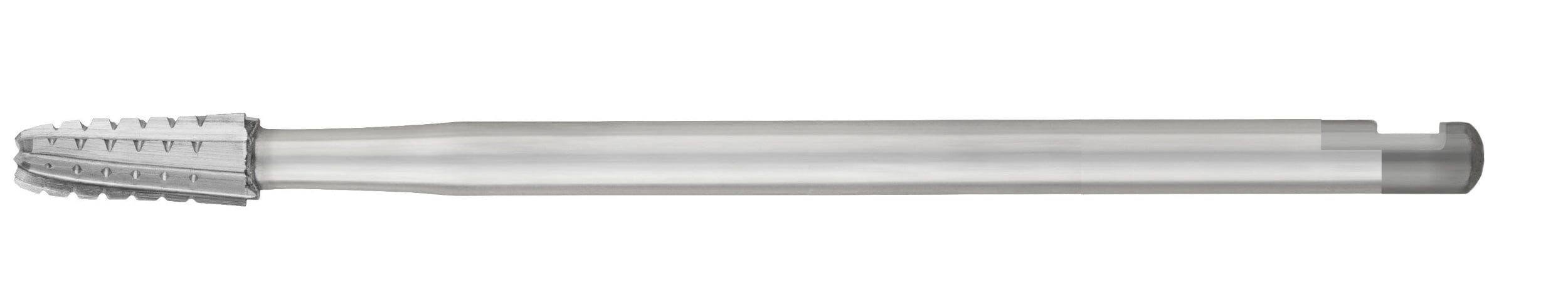 The SS White HP Round-End Cross-Cut Tapered Fissure Carbide Burs (Sterile, 1702/1703, Pkg/10) are silver cylindrical metal cutting tools with spiral grooves and a rounded textured tip, ideal for threading or machining tasks.