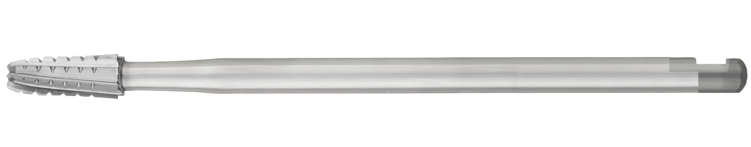 The SS White HP Round-End Cross-Cut Long Tapered Fissure Carbide Burs (1702L/1703L, Sterile, Pkg/10) feature spiral flutes and grooves for precise cutting, similar to metallic thread mills used to cut internal threads.