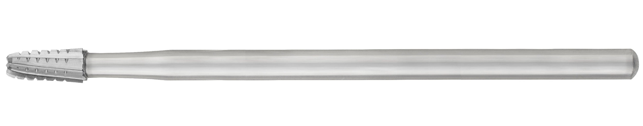 The SS White HP Round-End Cross-Cut Long Tapered Fissure Carbide Burs (sterile, 1702L/1703L, Pkg/10) are silver metal tools with a smooth shaft and tapered cutting end, used in oral surgery for shaping or grinding materials.