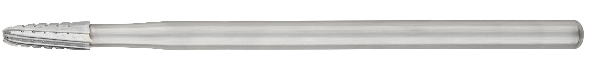 A close-up of an SS White HP Round-End Cross-Cut Tapered Fissure Carbide Bur (Sterile, 1702/1703, Pkg/10) featuring a cylindrical shank and textured rounded cutting head, commonly used for shaping or cutting by dental professionals.