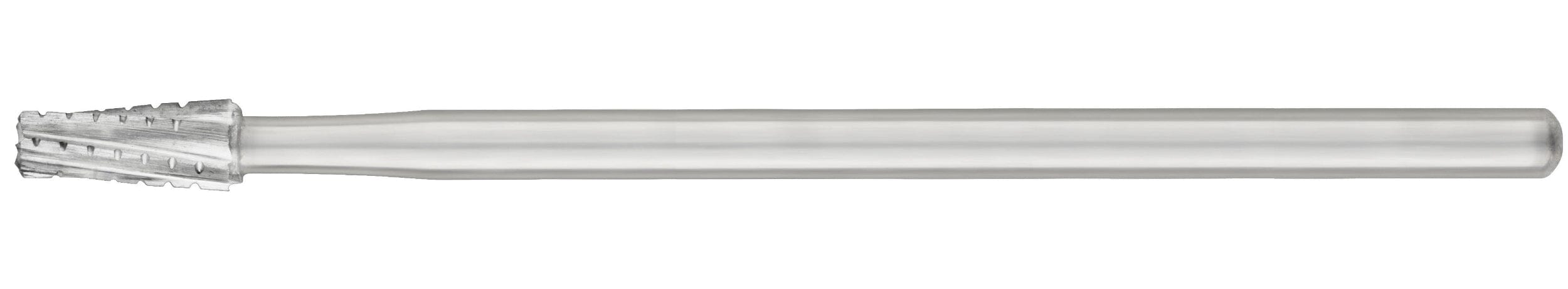 A close-up of an unused SS White HP Flat-End Cross-Cut Tapered Fissure Carbide Bur (Sterile, 701/702/703, Pkg/10), showing its silver cylindrical shank and conical multi-fluted head against a white background.