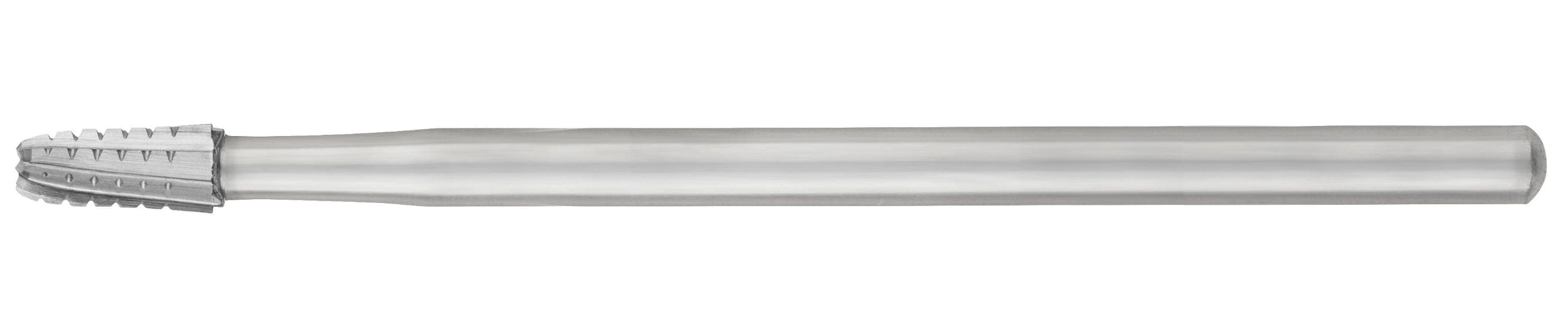 The SS White HP Round-End Cross-Cut Tapered Fissure Carbide Burs, sterile and similar to carbide burs, have a cylindrical metal body with a ridged cutting end and are used for machining or threading tasks. Available in 1702 or 1703, Pkg/10.