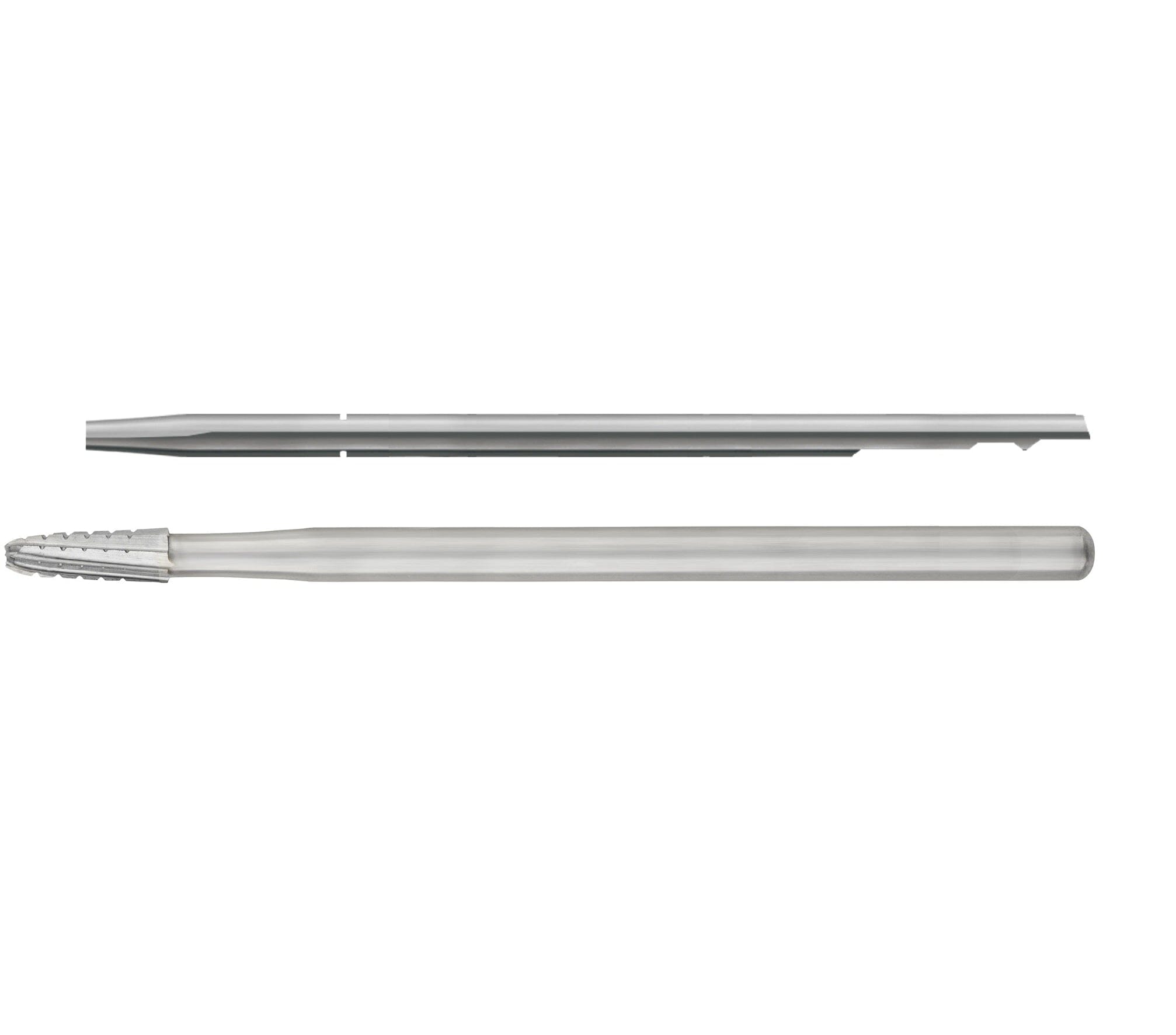 Two SS White HP Round-End Cross-Cut Tapered Fissure Carbide Burs (Sterile, 1702/1703, Pkg/10) are shown on a white background: one features a grooved tapered end; the other has a lengthwise slit.