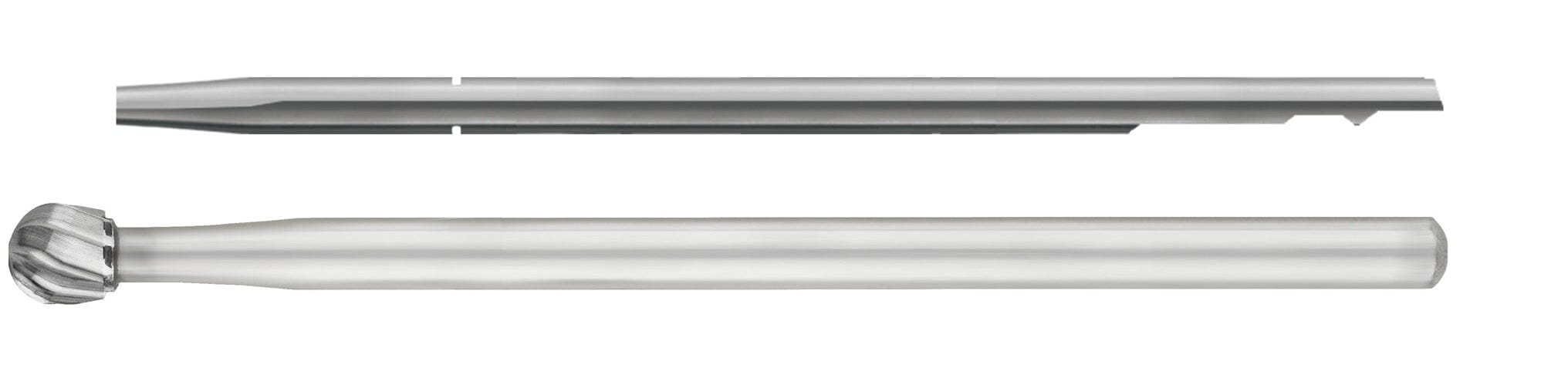 Two SS White HP Round Surgical Carbide Burs (Sterile, #6 and #8, Pkg/10) are shown horizontally on a white background; one features a straight edge with groove, the other has a rounded, spiral cutting head for bone removal in oral surgery.