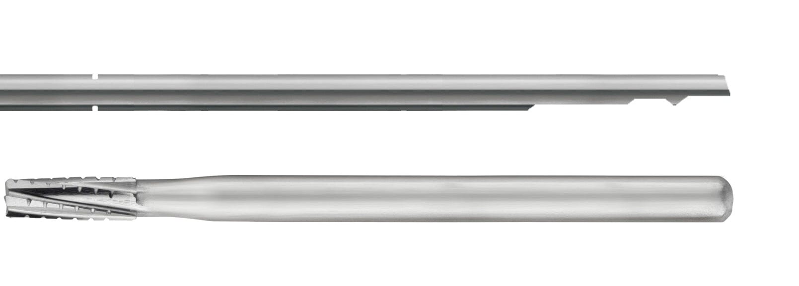 Two SS White HP Flat-End Cross-Cut Straight Fissure Carbide Burs (560, sterile, pkg/10) are shown on a white background: one is long with notched edges; the other resembles a straight handpiece for surgical extraction.