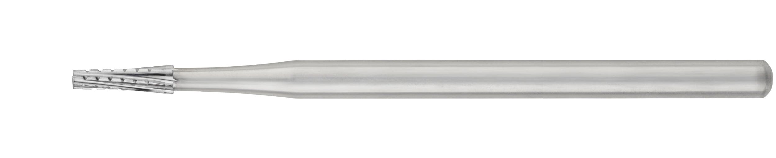 The SS White HP Flat-End Cross-Cut Tapered Fissure Carbide Burs (701, 702, 703) sterile set, pkg/10, features cylindrical shanks and helical flutes for precision bone removal in milling operations; isolated on a white background.