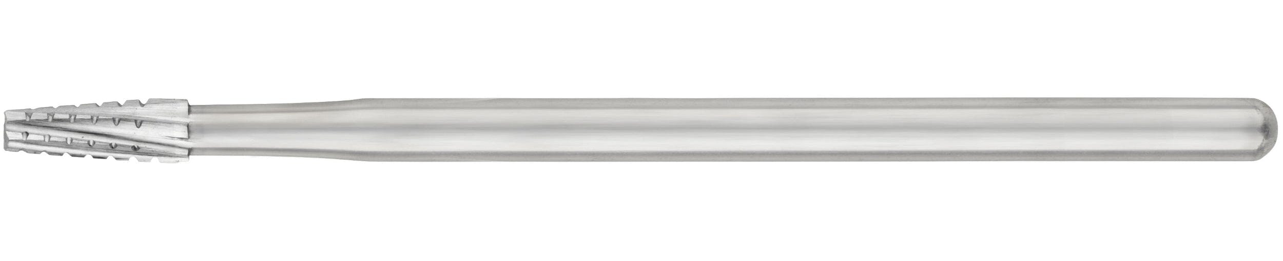 A close-up of an SS White HP Flat-End Cross-Cut Long Tapered Fissure Carbide Bur, sterile and used in oral surgery, featuring a cylindrical shank and textured conical tip, isolated on white. Pkg/10 (702L, 703L).