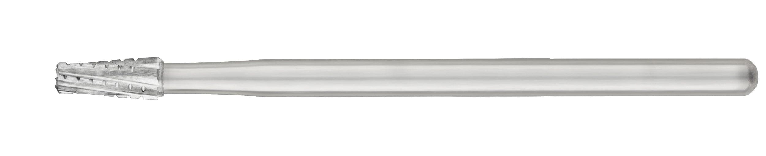 The SS White HP Flat-End Cross-Cut Tapered Fissure Carbide Burs (701, 702, 703, Sterile, Pkg/10) are rotary files with a multi-grooved cutting tip for shaping, grinding materials, or bone removal.