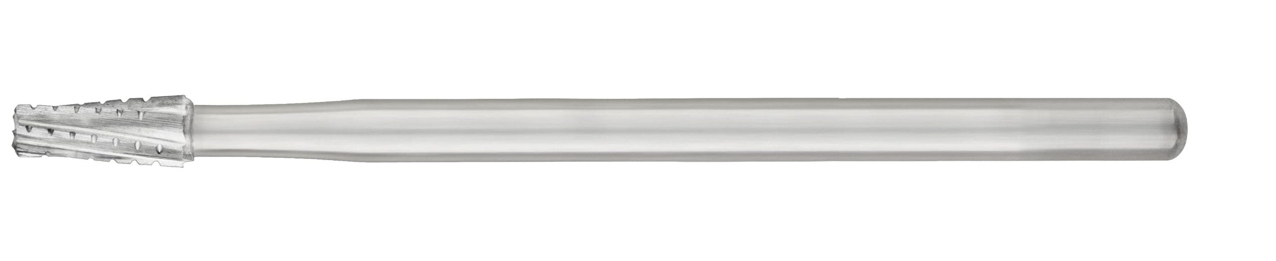 The SS White HP Flat-End Cross-Cut Long Tapered Fissure Carbide Burs (Sterile, 702L/703L, Pkg/10) is a silver cylindrical tool with a textured tapered cutting tip, ideal for oral surgery.