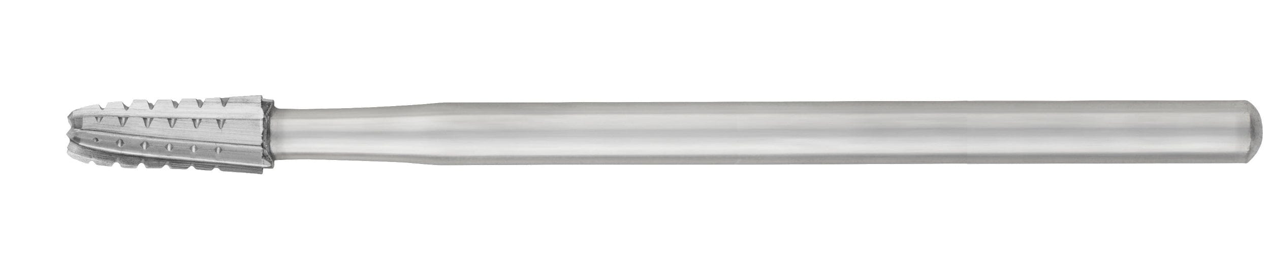 The SS White HP Round-End Cross-Cut Long Tapered Fissure Carbide Burs (Sterile, 1702L/1703L, Pkg/10) feature a cylindrical handle and rounded, ridged head for drilling and shaping teeth in oral surgery and dental procedures.