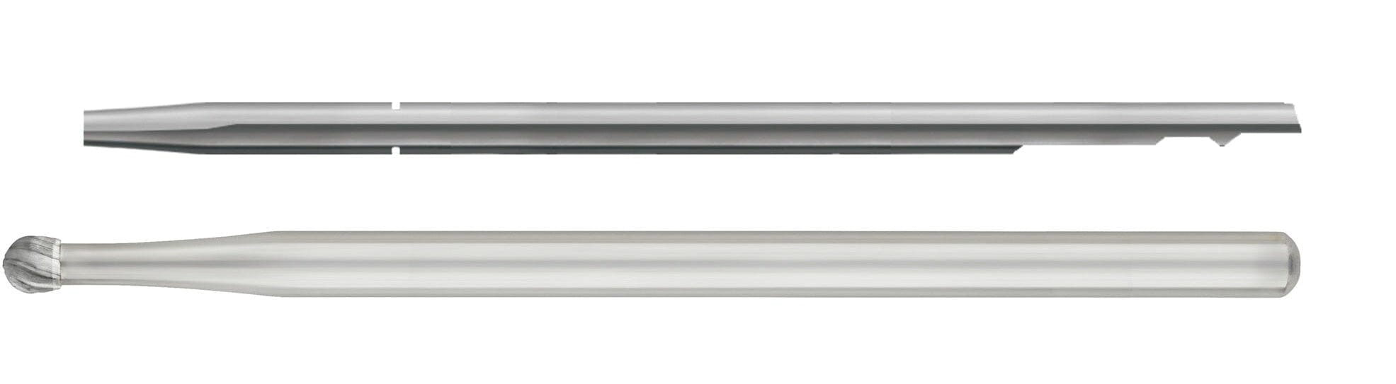 SS White HP Round Surgical Carbide Burs (#6 and #8, Pkg/10) are shown side by side on a white background; the burs feature a straight edge with beveled tip and a rounded, spiral-shaped end for bone removal in oral surgery.