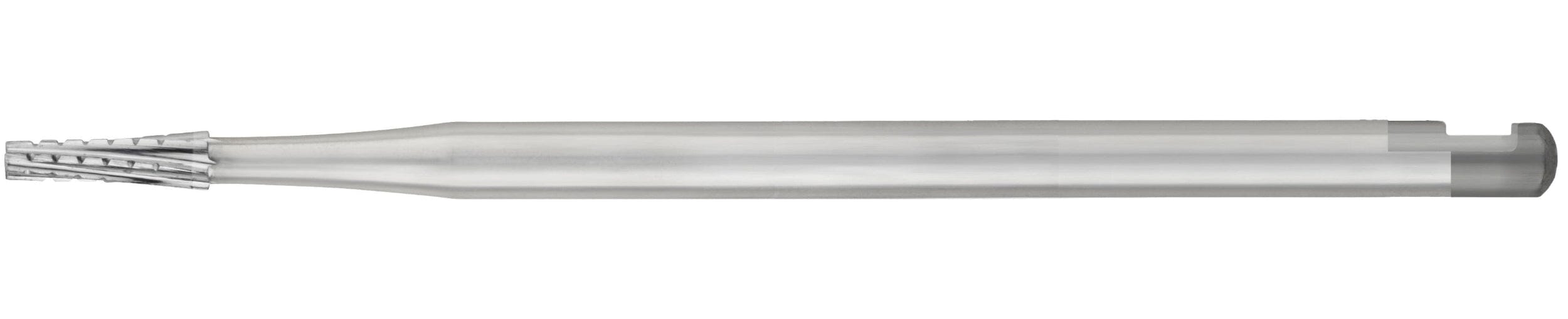 A close-up of an SS White HP Flat-End Cross-Cut Tapered Fissure Carbide Bur, shown horizontally against a white background. The sterile carbide bur features spiral flutes for bone removal. Available in sizes 701, 702, and 703 (Pkg/10).