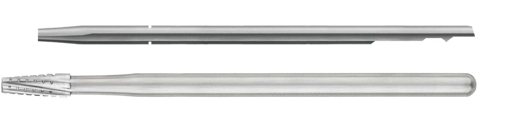 Two SS White HP Flat-End Cross-Cut Tapered Fissure Carbide Burs, shown side by side on a white background, feature sterile, silver cylindrical shafts ideal for bone removal; available in sizes 701, 702, and 703 (Pkg/10).