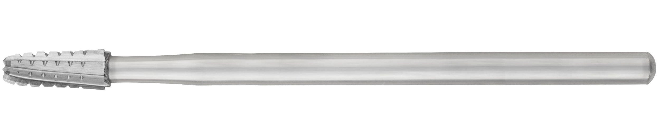 A close-up of an SS White HP Round-End Cross-Cut Tapered Fissure Carbide Bur (Sterile, 1702/1703, Pkg/10), featuring a cylindrical handle and ridged cutting head for shaping hard materials in oral surgery.