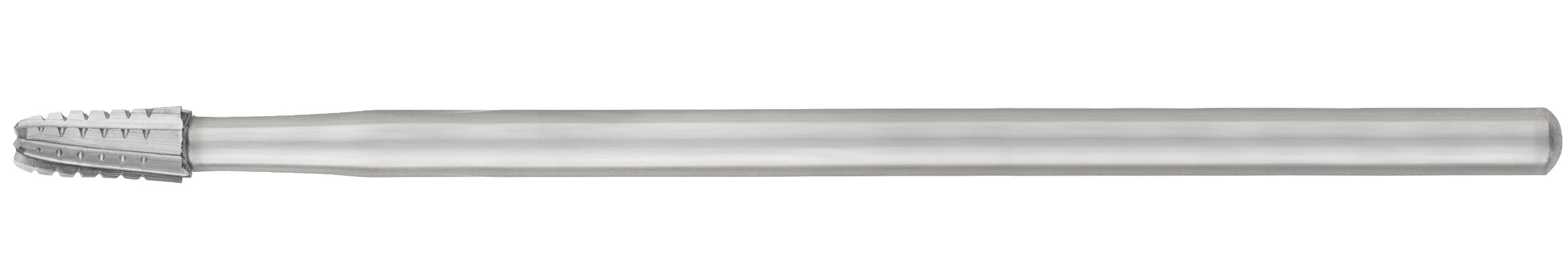 The SS White HP Round-End Cross-Cut Long Tapered Fissure Carbide Burs (1702L, 1703L) are sterile, silver-colored rotary tools with grooved, rounded heads and smooth shanks for shaping or deburring materials in oral surgery; Pkg/10.
