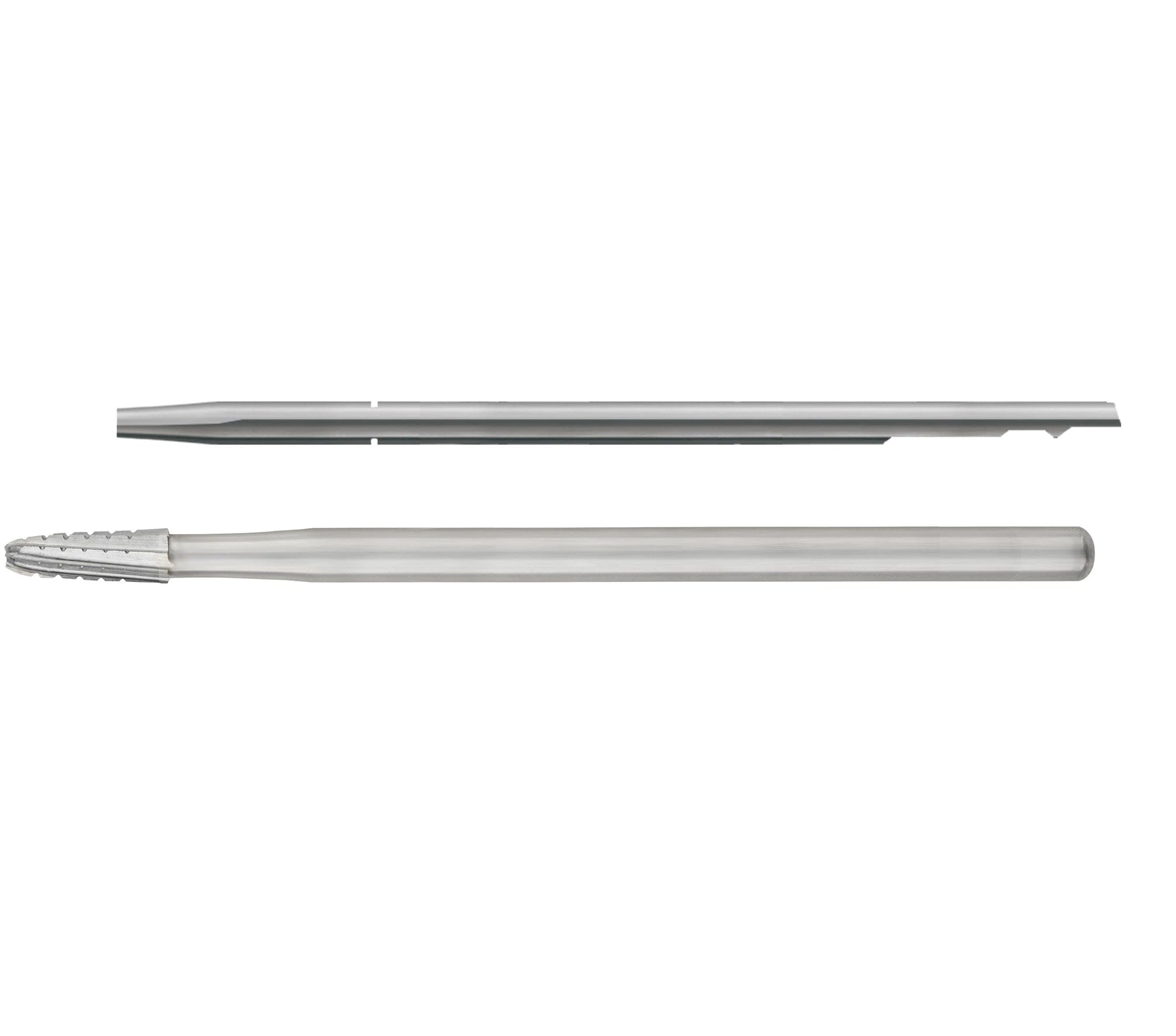 Two SS White HP Round-End Cross-Cut Tapered Fissure Carbide Burs (models 1702 and 1703) are shown on a white background. Both have rounded handles and ridged, tapered tips. Sold sterile in a package of 10.