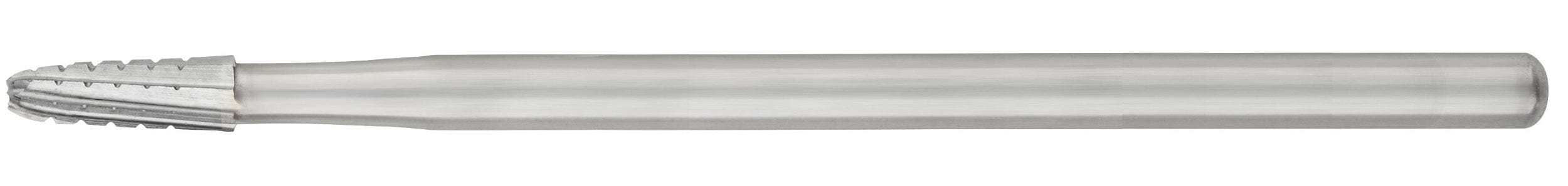 A close-up of the SS White HP Round-End Cross-Cut Long Tapered Fissure Carbide Bur (Sterile, 1702L/1703L, Pkg/10) shows its cylindrical silver body with a textured, rounded cutting head and smooth shaft for precision shaping or grinding.