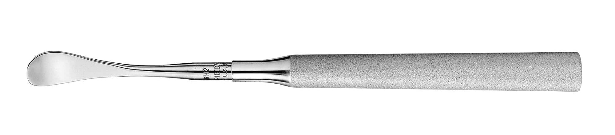 The Hu-Friedy Henahan Tissue Retractors by Hu-Friedy feature a stainless steel, slender spatula with a curved tip and textured matte silver handle for precise soft-tissue retraction, shown against a white background.