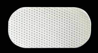 A close-up of the Osteogenics Cytoplast TXT Non-Resorbable High-Density PTFE Membrane, an oval-shaped, textured, perforated adhesive bandage for guided bone regeneration, shown against a black background.