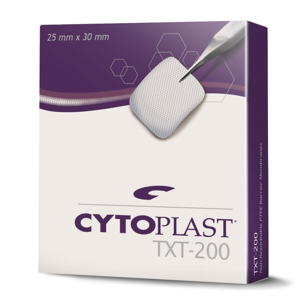 A box of Osteogenics Cytoplast TXT Non-Resorbable High-Density PTFE Membrane, with a 25 mm x 30 mm illustration held by forceps, purple and white design, and product details on the packaging.