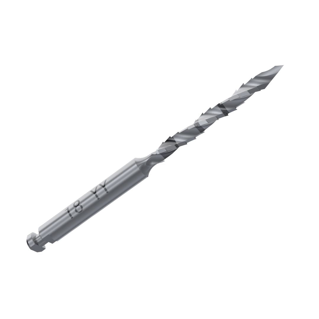 A close-up of the Dentech YZ Cutter Multi-Angle Surgical Drill Bur in stainless steel, featuring a spiral, tapered design and marked handle, used in endodontic and oral surgery. The background is plain white.