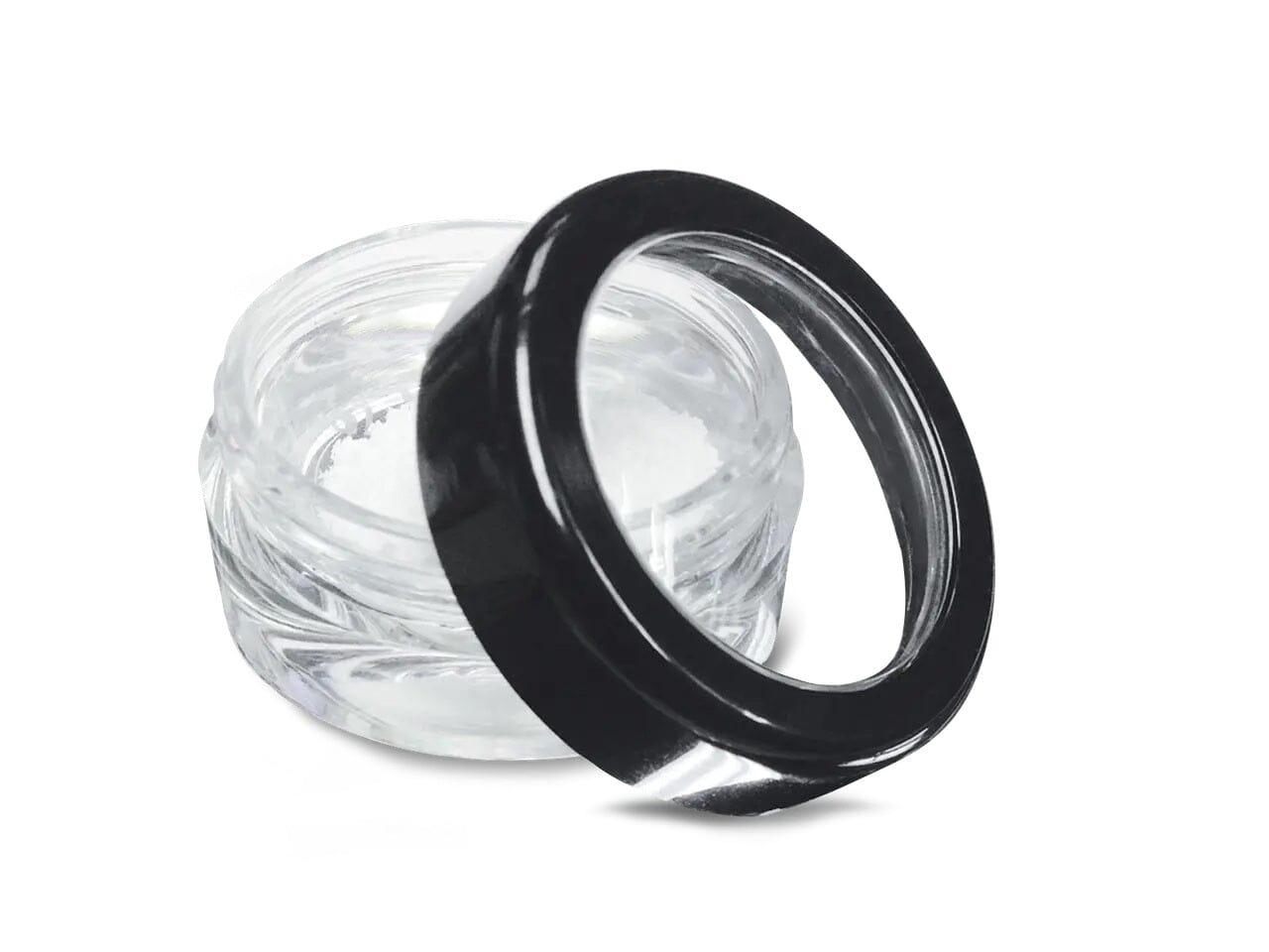 A small, empty clear glass jar with a black screw-on lid partly open, showing the interior—ideal for storing Zcore™ Porcine Xenograft Particulate by Osteogenics. The background is plain white.